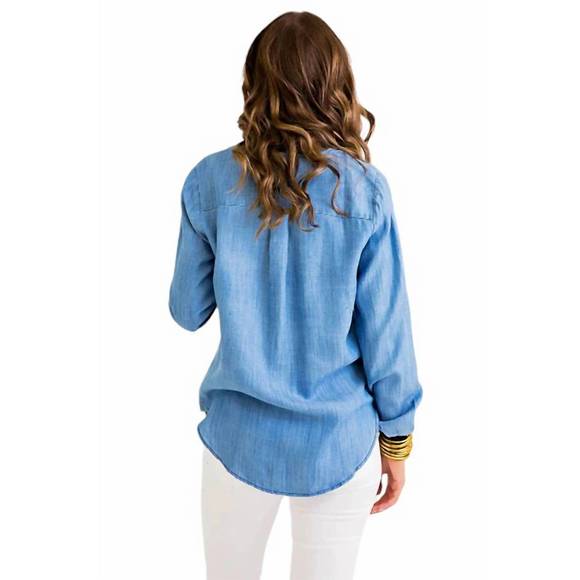 NEW KARLIE tencel button front top in chambray - Picture 2 of 4